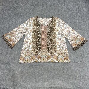 Chicos Blouse Womens Large 2 Beige Boho Floral Leopard V-Neck 3/4 Casual Preppy